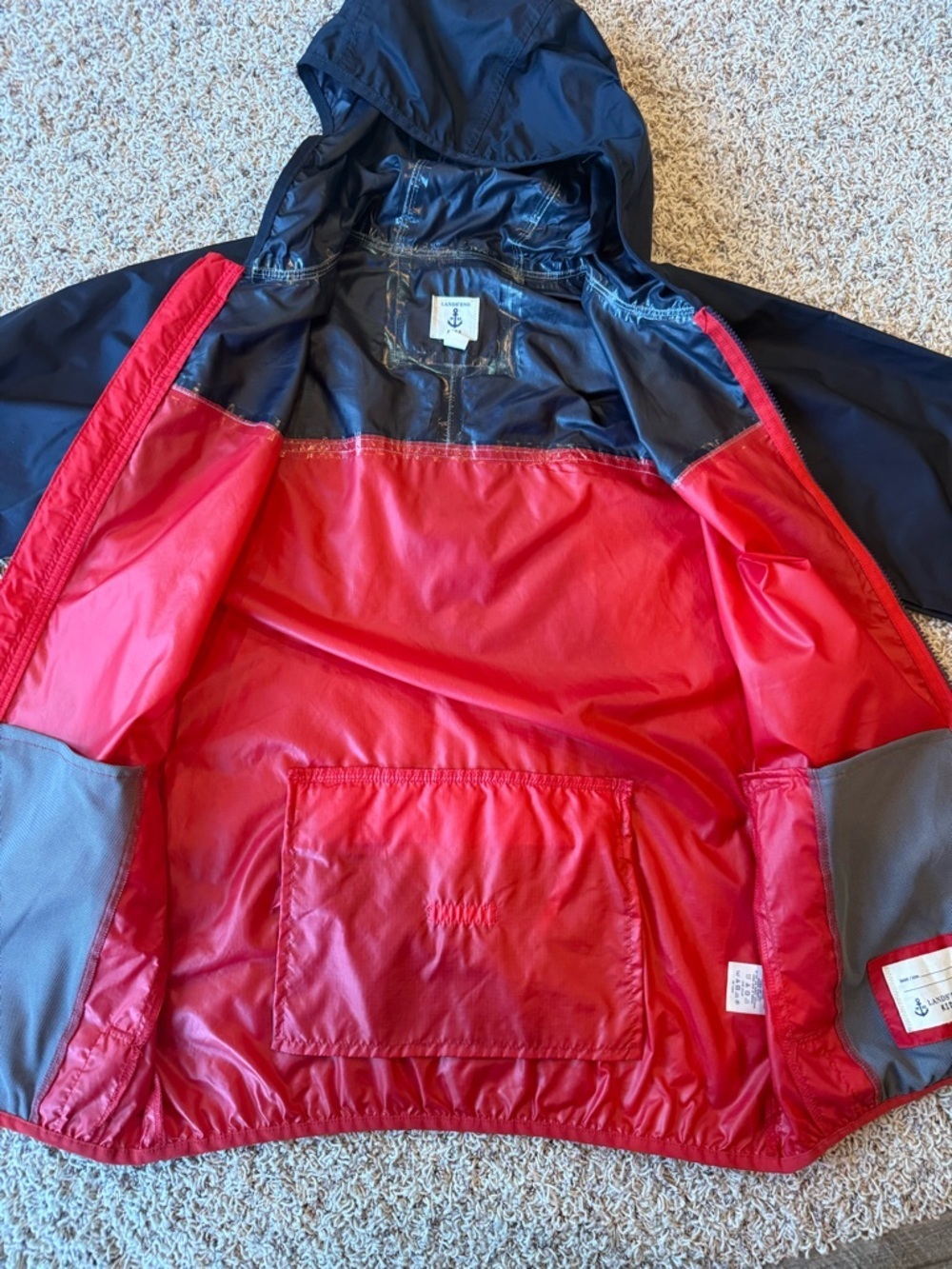 LANDS END Kids 14 / 16 Large Rain Coat Windproof Jacket Blue Red Packable Hood - Picture 5 of 13